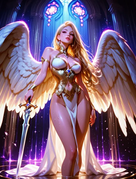 abstract background, colorful, light reflection, a powerful angel spreads her wings exultant against the shimmering void, holding a shining sword, beautiful woman, flawless body, stained glass wings, dark background, 1girl, solo, long golden hair, curly ha...