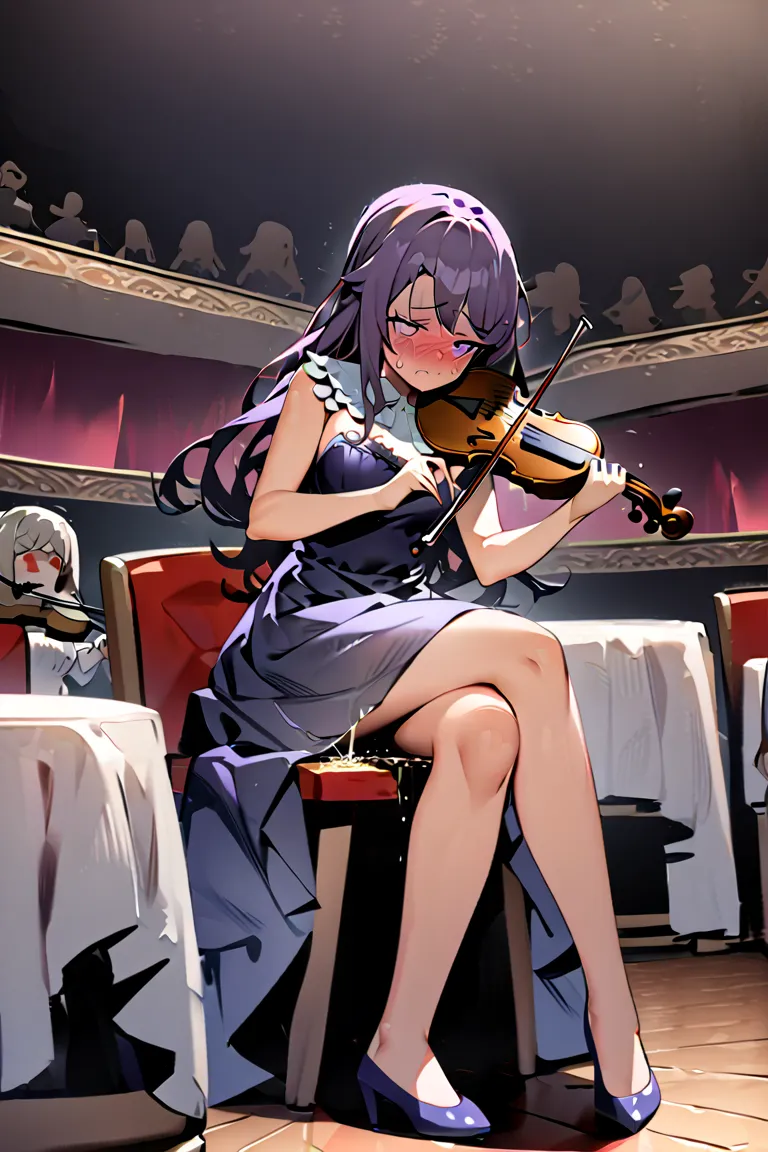  high definition, perfect detailed facial expression、long hair、Medium breast、detailed, playing violin, in a music hall, view from diagonal, trying her best to finish the show, purplr dress , sitting, drawing attentions, ((desperate to pee)), peeing, wettin...