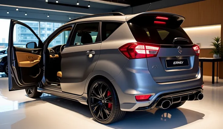 "A high-end customized Maruti Suzuki Ertiga in a sleek Magma Grey color, parked in a premium showroom with glossy reflective floors. The car features a sporty body kit, blacked-out alloy wheels with red brake calipers, and aggressive aerodynamic enhancemen...