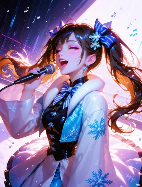 ,1girl,yuki miku,snowflake,snowflake hair ornament,snowflake print,snowflakes,striped bow,twintails,long hair,cyber fashion,musical note,eighth note,singing,dynamic pose,reflection, ,masterpiece,best quality,amazing quality,
