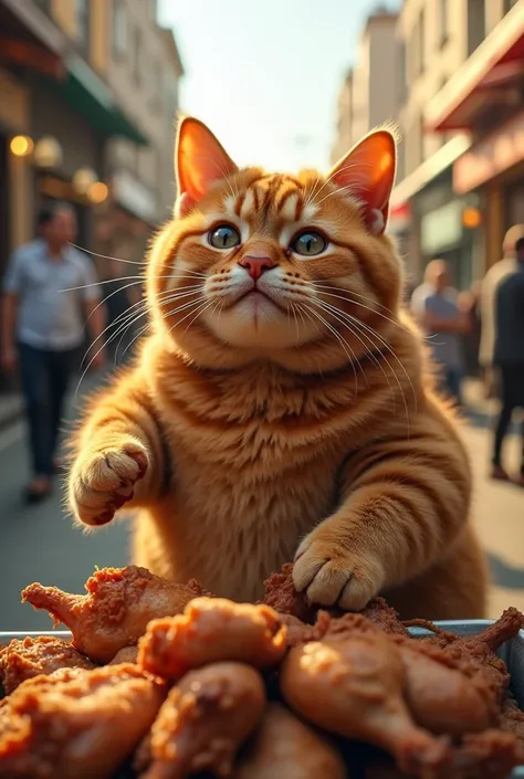 A hyper-realistic depiction of a chubby orange tabby cat. The cat is selling chicken. The scene captures the detailed texture of the cat’s fur and the chicken. The background is filled with buildings and people in the soft sunlight. The image conveys a hum...