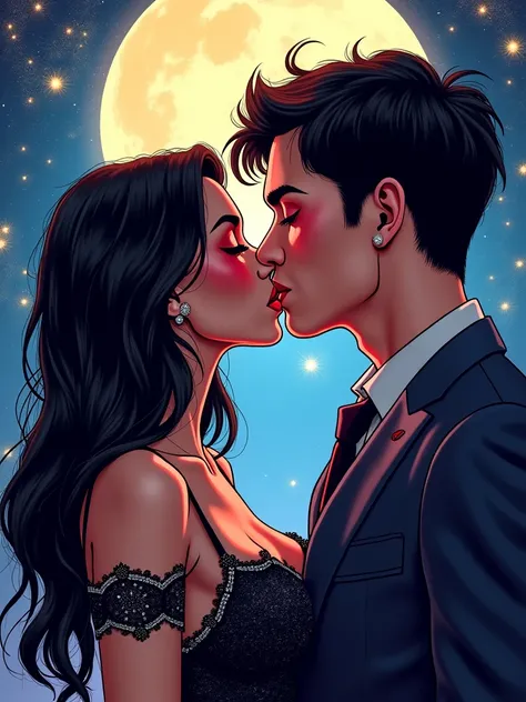 A captivating and intense illustration of a beautiful and attractive couple sharing a passionate kiss under the moonlight. The woman has long, rizzy black hair that falls over her shoulders, with deep red-toned shadows around her lips and eyes. She wears a...