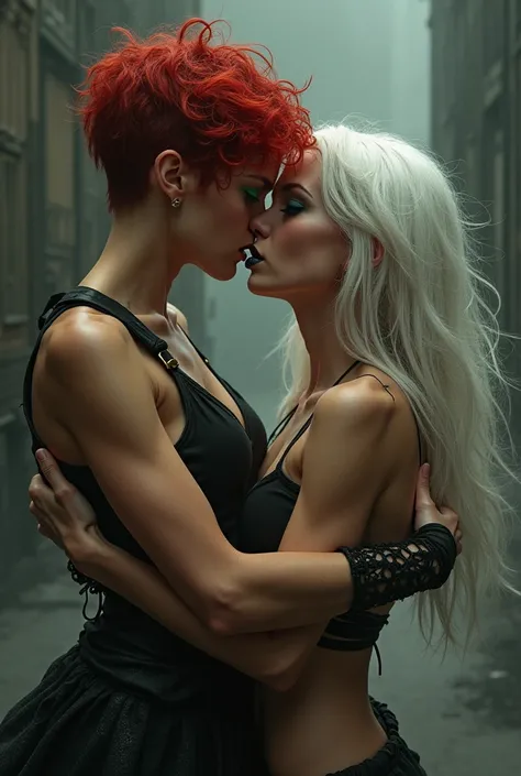 A girl with short hair, red-haired, green-eyed and muscular Rebellious and rude and Rude with a girl she is in love with long white hair, gray eyes, black lips, flat abdomen and wide thighs. 