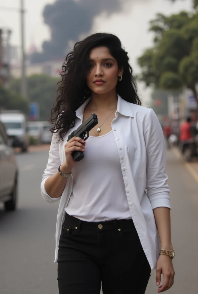 A young Indian women. She has a 9 mm pistol in her hand. She is walking along a street in Mumbai. The situation is tense all around. Smoke is coming from two or three buildings behind him. The young women's face is tense. The young women is wearing a white...