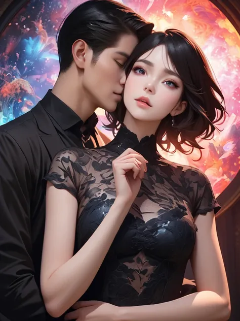 A captivating and intense illustration of a beautiful and attractive couple sharing a passionate kiss under the moonlight. The woman has long, rizzy black hair that falls over her shoulders, with deep red-toned shadows around her lips and eyes. She wears a...