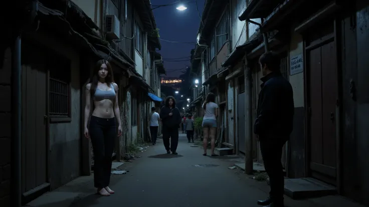 Night scene in a Korean slum 、
 densely built in a very narrow alley２、３Storey dilapidated apartments 、
 street prostitutes stand under dim street lights 、
 street prostitutes wear revealing clothes 、
 there is a man who wants to buy her 、
 modern skyscrape...