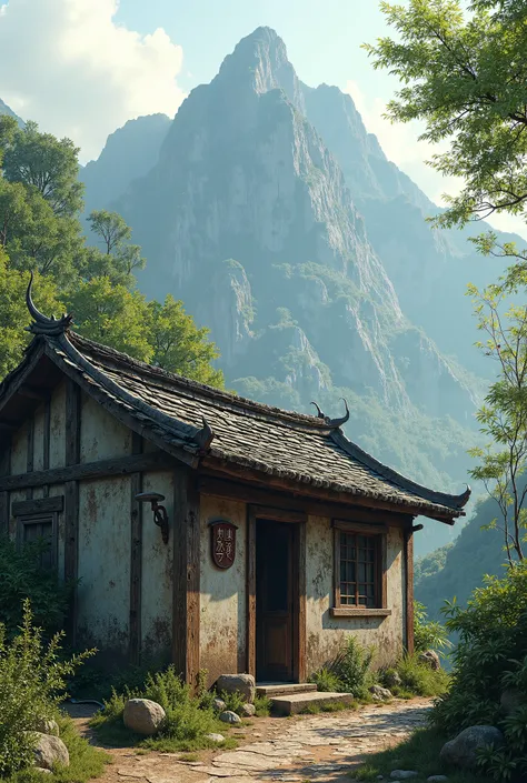 chinese poor rusty household with 4 rooms in the foot of the mountain near small bamboo forest