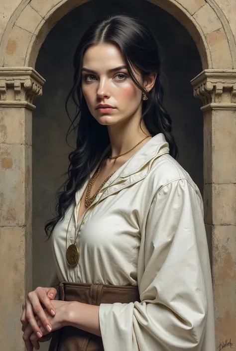 An adult medical girl with dark hair and a serious face,  medieval, Drawing 