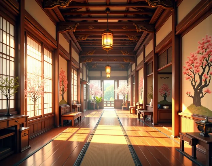 A long, serene corridor inside a traditional Japanese ryokan, illuminated by golden afternoon light filtering through shoji windows on the left, casting intricate lattice shadows on the polished wooden floor. The right side features sliding fusuma doors ad...