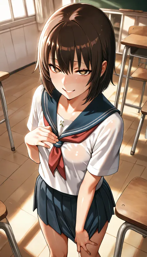 (FGO:Tlaloc),  masterpiece,  perfect face,  perfect eyes , Brown Eyes, (( Japanese School Classroom)),  Japanese Sexy Girl ,   1 girl, Alone, coming out of a pool,  Skindentation,  taking a picture of the subject from below,  naughty face on the floor， smi...