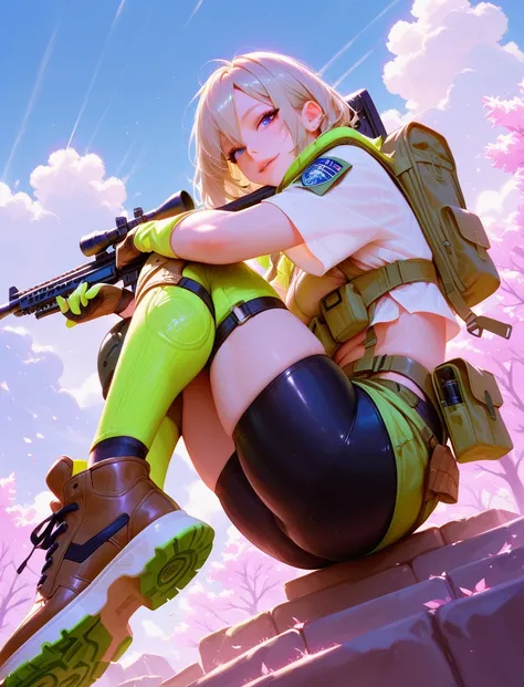 1girl, solo, shishiro botan, combat shirt, bike shorts, green knee pads, loose green gaiters, gloves, brown shoes, tactical gear aiming, rifle, scope ,masterpiece,best quality,amazing quality,
