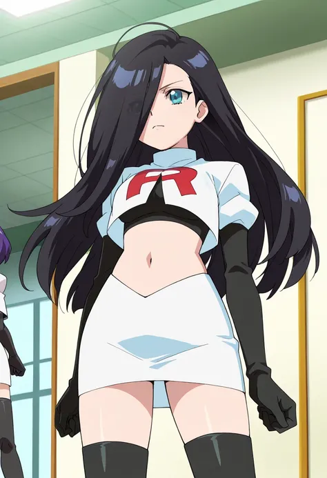 best quality, masterpiece
BREAK
1girl, natsukohirose, black hair, long hair, blue eyes, hair over one eye,
team rocket,team rocket uniform,white skirt,red letter R,crop top,black thigh-highs,black elbow gloves, cowboy shot,
indoors