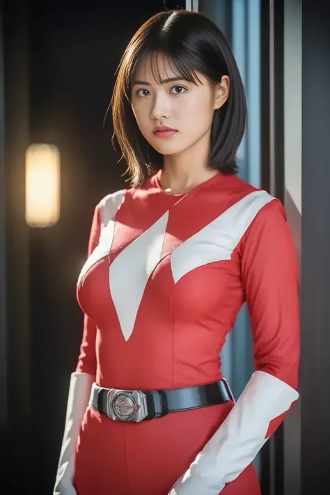  Red Theme ，Red Ranger Suit 、 short hair,  tomboy,  top quality, masterpiece,Genuineistic,  Professionals, vibrant colors, super fine paint , portrait , Big Breasts, Photogram,Number Art, Fantasy Art , 3d graphics , cinematic _Lighting,strong_rim_light,rim...