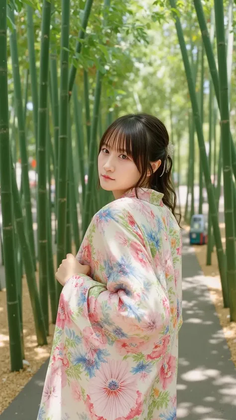 A beautiful young woman with traditional Japanese features, wearing a vibrant kimono with floral patterns, walking through the serene Arashiyama bamboo forest. Sunlight filters through the tall green bamboo, casting soft shadows. She glances back at the ca...