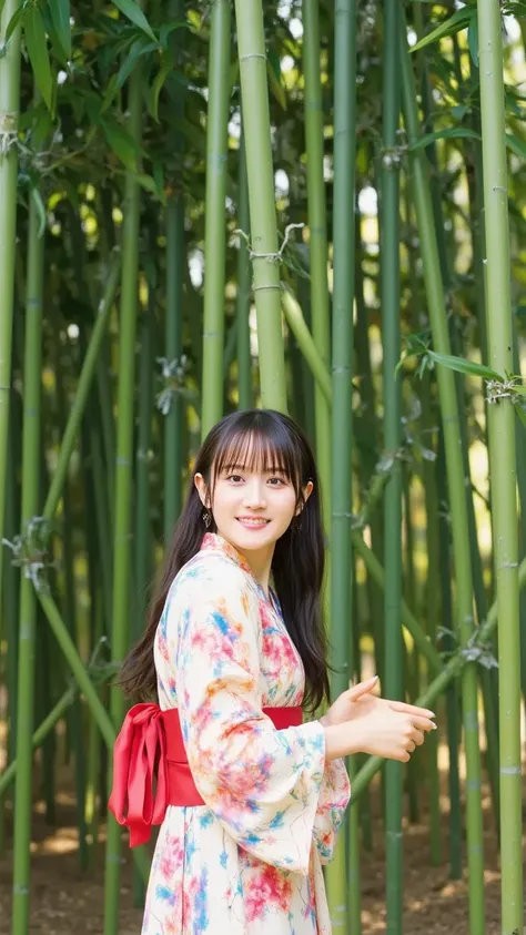 A beautiful young woman with traditional Japanese features, wearing a vibrant kimono with floral patterns, walking through the serene Arashiyama bamboo forest. Sunlight filters through the tall green bamboo, casting soft shadows. She glances back at the ca...