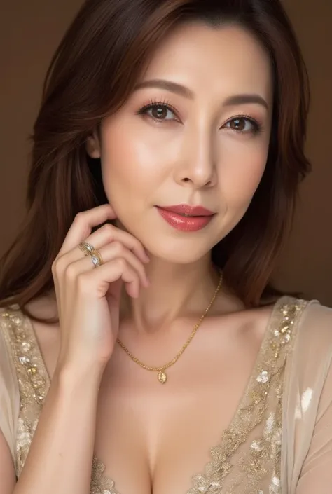  Fairy Tail Classic  +  gold jewelry  +  romantic makeup 

>  Closeup Portrait ,  50-year-old Japanese woman,  Cinderella Style Gold Dress ,  pink and gold eyeshadow , Glamorous Makeup with Glitter , Plump rose pink lips ,  three-dimensional shading and hi...