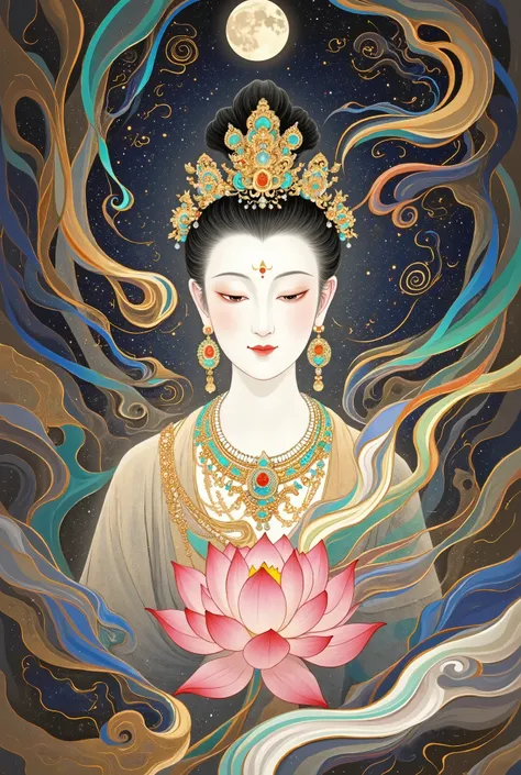  Buddha, a beautiful art illustration , Dream Painting, ,  intricate fantasy painting , Wonderful fantasy landscape art , Chinese style illustrations，Silk Road，camel，Chinese ancient buildings，Cloisonne， Cloisonne enamel ，antiquity，Crescent Moon,handsome Bu...
