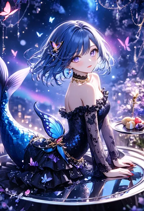  blue hair。 straight bob on a silver tray。Aurora's Eyes 。Beautiful Woman。Night Butterfly。 Amethyst and Moonstone Choker。Black Lace Off Shoulder 。 White Ruffle Mermaid Skirt 。Gold Anklet。 red pin heels。