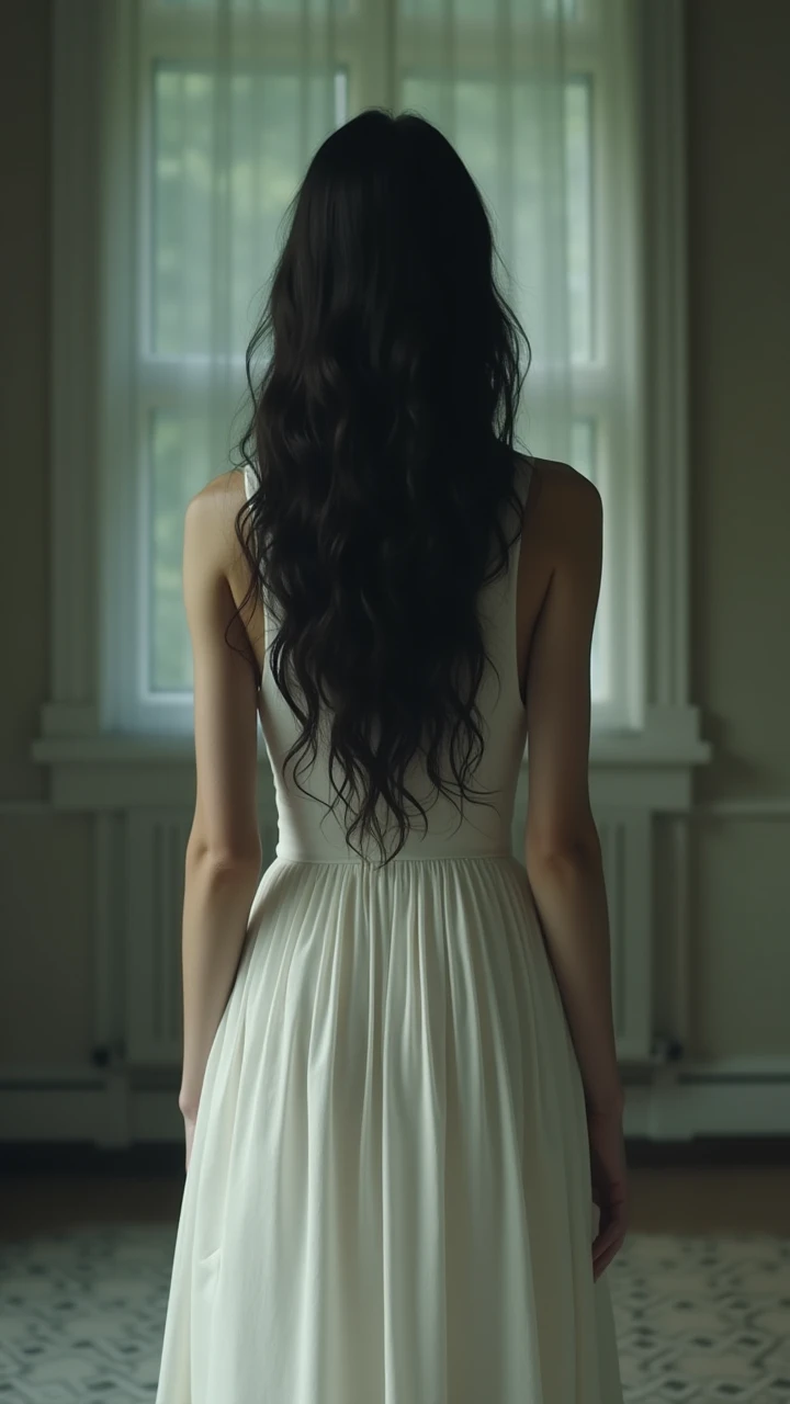 In the center of the room,  the mystery woman was standing ,  with her back .

The woman was tall and slender ,  with long, dark hair that fell in gentle waves on her back. She wore a white dress,  beside Satte ,  who seemed to float slightly , Like it's i...