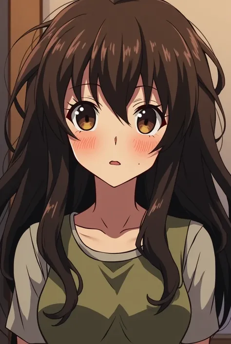 An anime character from the Shingeki no Kyojin universe where her hair is wavy, dark brown eyes and a fleshy mouth., Brunette with some scabies on her face. Ideal weight for a person of one meter and sixty-three 