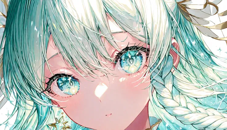  white hair、pale blue-green eyes 、 long hair、 wave hair、 braided、 pale blue-green hair ribbon、Pure white idol costume、 white background、Alone,bangs,eye focus,face,close-up,sparkle,looking at viewer,glowing,eyelashes