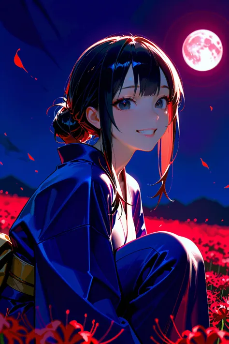 a girl, happy, smiling, squatting, looking at viewer, looking to the left, hair bun, black hair, black eyes, big eyes, navy blue kimono, In a field of Red spider lilies flower garden, with a full moon, at night, cute, beautiful, fantasy, chill atmosphere, ...