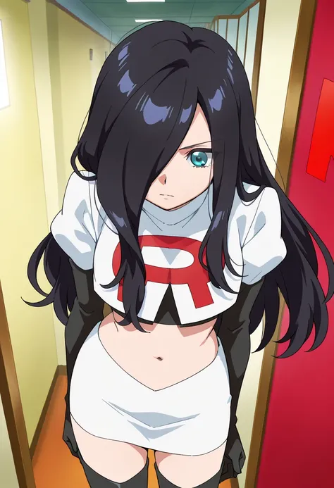 best quality, masterpiece
BREAK
1girl, natsukohirose, black hair, long hair, blue eyes, hair over one eye,
team rocket,team rocket uniform,white skirt,red letter R,crop top,black thigh-highs,black elbow gloves, cowboy shot,
indoors