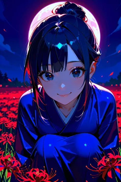 a girl, happy, smiling, squatting, looking at viewer, looking to the left, hair bun, black hair, black eyes, big eyes, navy blue kimono, In a field of Red spider lilies flower garden, with a full moon, at night, cute, beautiful, fantasy, chill atmosphere, ...