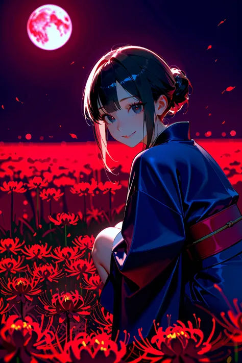 a girl, happy, smiling, squatting, looking at viewer, looking to the left, hair bun, black hair, black eyes, big eyes, navy blue kimono, In a field of Red spider lilies flower garden, with a full moon, at night, cute, beautiful, fantasy, chill atmosphere, ...