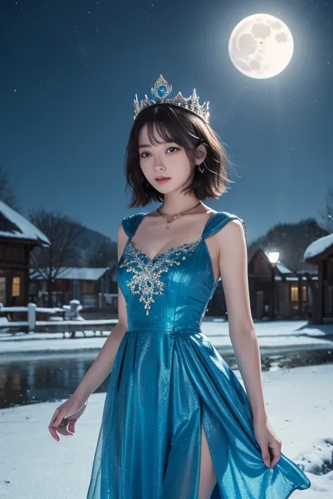   knight , (( 1 girl)), Alone, Masterpiece, 8k wallpaper,  high resolution,   Dumb , High quality backgrounds,  short hair while on a business trip,  black hair, Multicolored Hair, Beautiful frozen village, (Bright full moon),  Blue Dress,  detailed dress ...