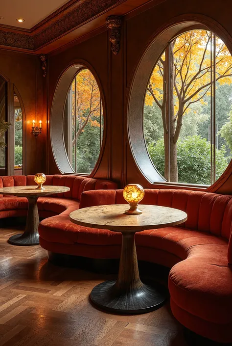 Design of the living room of a restaurant ,  inspired by art nouveau, specifically the curvilinear trend , , where iconic and pregnant formal features are extrapolated in the new furniture as well as in the structures and different elements present .  It m...