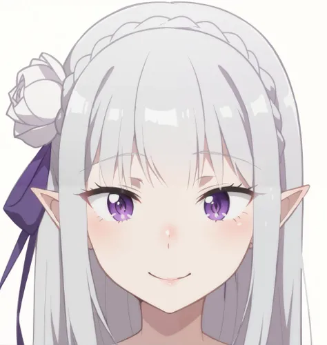emilia, naked, pale white skin, teenage body, silver hair, smile, purple eyes, nose, nostrils, lower lip, long hair, white rose in hair, purple ribbon, ears, shoulders, very thin body, (faithful to the original design), detailed face, ((re zero style)),
