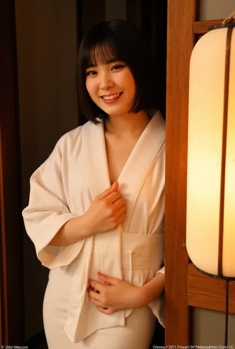 A breathtaking Japanese woman leans against a wooden sliding door in a dimly lit tatami room, her body wrapped in a dangerously loose, thin white yukata that hangs open just enough to expose her smooth shoulders and the curve of her bare thighs. One hand p...