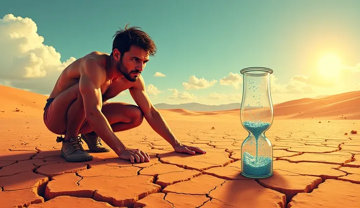 "An informative and visually engaging digital illustration depicting the concept of human survival without water. The image features a dehydrated person in a dry, arid desert with cracked ground, symbolizing extreme thirst. A faded hourglass in the backgro...