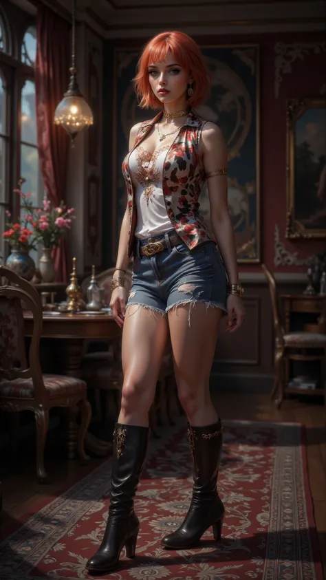  A high quality masterpiece ， in a delicate and ultra-fine 3D rendering Representing a young charming girl， Wear a stylish chic sleeveless T-shirt ， with cow print vest 、 Stylish leather boots and trendy denim mini skirt ， And short ginger hair ， bright re...