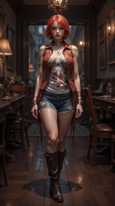  A high quality masterpiece ， in a delicate and ultra-fine 3D rendering Representing a young charming girl， Wear a stylish chic sleeveless T-shirt ， with cow print vest 、 Stylish leather boots and trendy denim mini skirt ， And short ginger hair ， bright re...