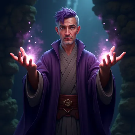 Wise Man 
30 years
Wizard's Eyes
Purple hair
Short hair
Wizard's clothing
Power In The Hands