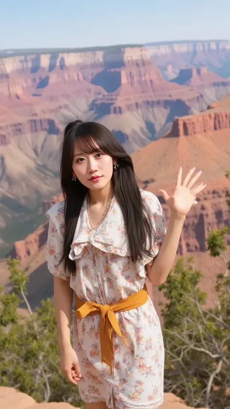 A young adventurer with a ponytail, wearing a casual hiking outfit with a backpack, standing on the edge of the Grand Canyon with her arms wide open. The vast canyon stretches behind her with warm hues of orange and red. The sky is clear, and a slight wind...