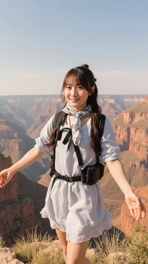 A young adventurer with a ponytail, wearing a casual hiking outfit with a backpack, standing on the edge of the Grand Canyon with her arms wide open. The vast canyon stretches behind her with warm hues of orange and red. The sky is clear, and a slight wind...