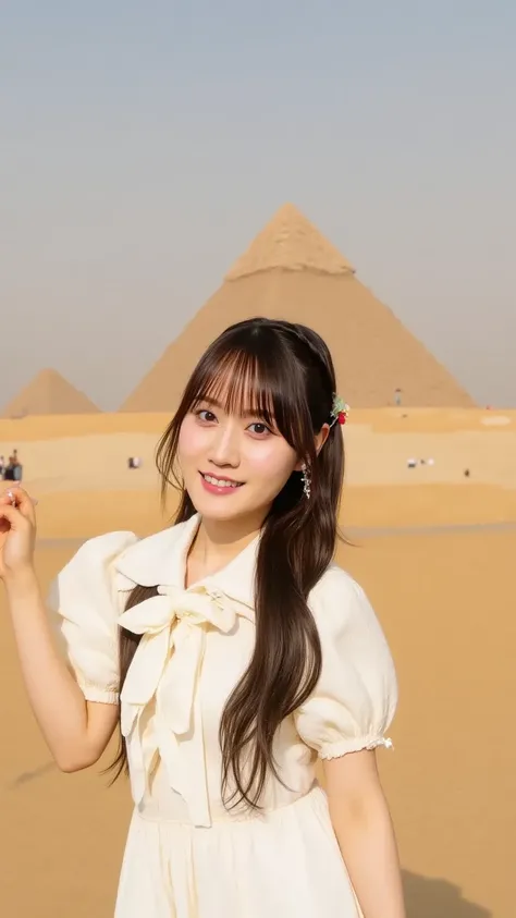 A young woman with long, windswept hair, wearing a loose desert-style outfit and sunglasses, standing in front of the Pyramids of Giza. The golden desert sands stretch around her, and a camel is visible in the background. She looks at the camera with an ad...