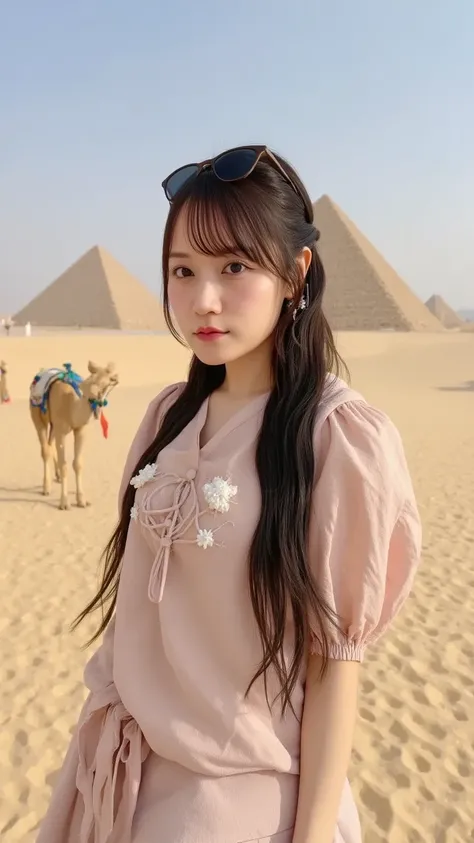 A young woman with long, windswept hair, wearing a loose desert-style outfit and sunglasses, standing in front of the Pyramids of Giza. The golden desert sands stretch around her, and a camel is visible in the background. She looks at the camera with an ad...