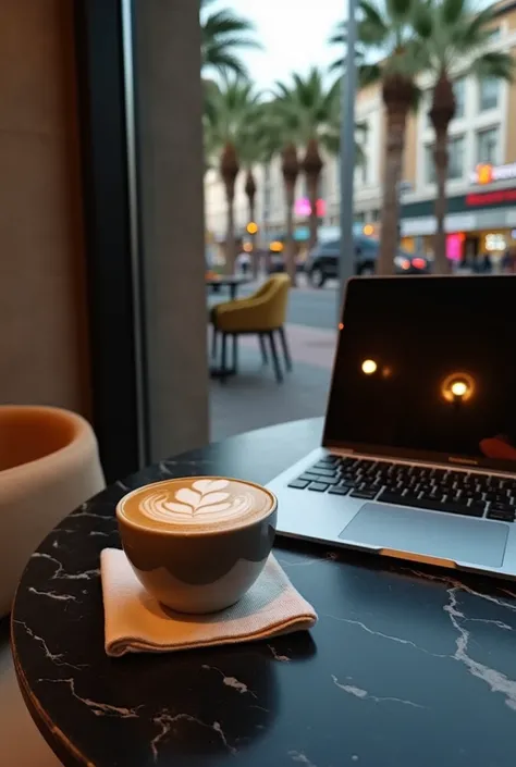 Place in qatar A setup with mobail featuring latte art, placed on a napkin on a black marble table. A sleek laptop with a reflective screen sits beside it, reflecting the surroundings. The café interior has beige cushioned chairs and dim lighting, with a l...