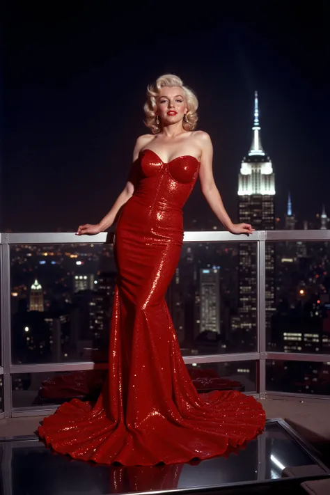 <Lora:m3r1l. Marilyn Monroe is posing at night on the roof of the Empire State building. Make up, red lipstick, beauty mole. The dress she is wearing is a bright red mermaid style with the bottom spreading out in a wide circumference around her feet. Made ...