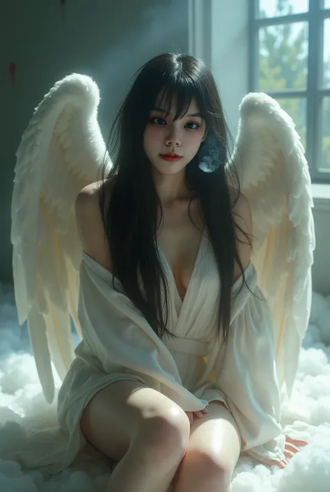 1 girl,Fujifilm、Realistic、very long black hair, hair length reached waist, pale white skin ,big breasts,angel,Angel wings,Halation,white tunic,Languid,sluggish,empty eyes,bored,,sigh,half-closed eyes,sharp eyes,open eyes,air is heavy,sitting,Right knee up,...