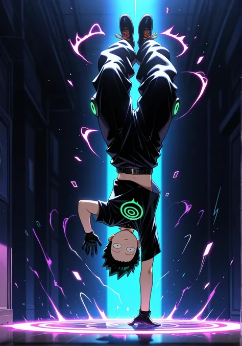 1boy, mob psycho, full body, looking at viewer, baggy pants, audio soundwave, baggy pants, black shirt,  one arm handstand, black glove,dynamic lighting, masterpiece, best quality, ultra detail, awa quality, high res