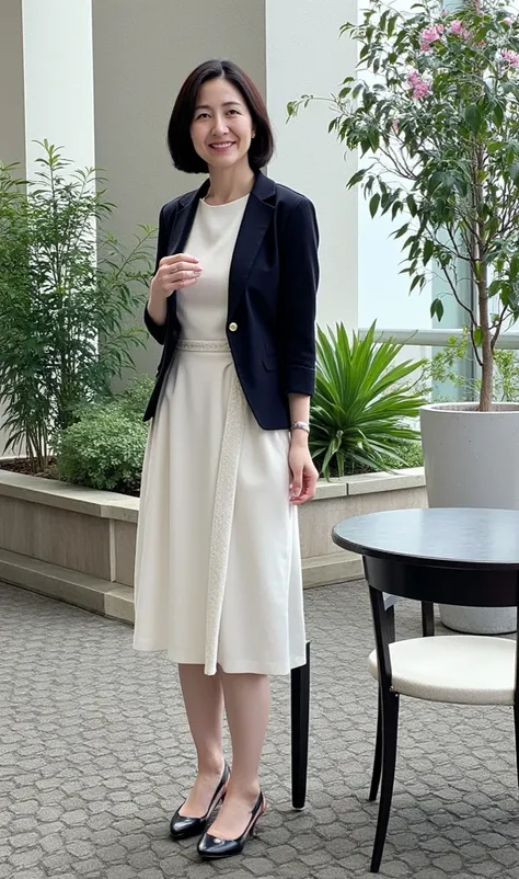 Japanese Wife（45 years old）、 1 Japanese wife  、   Married women have short black hair    、    Married Women Wear Wedding Rings    、    married women wear thin white sweaters  、 黒の knee-length skirt 、 pumps、   The married woman smiles shyly    、   Married w...