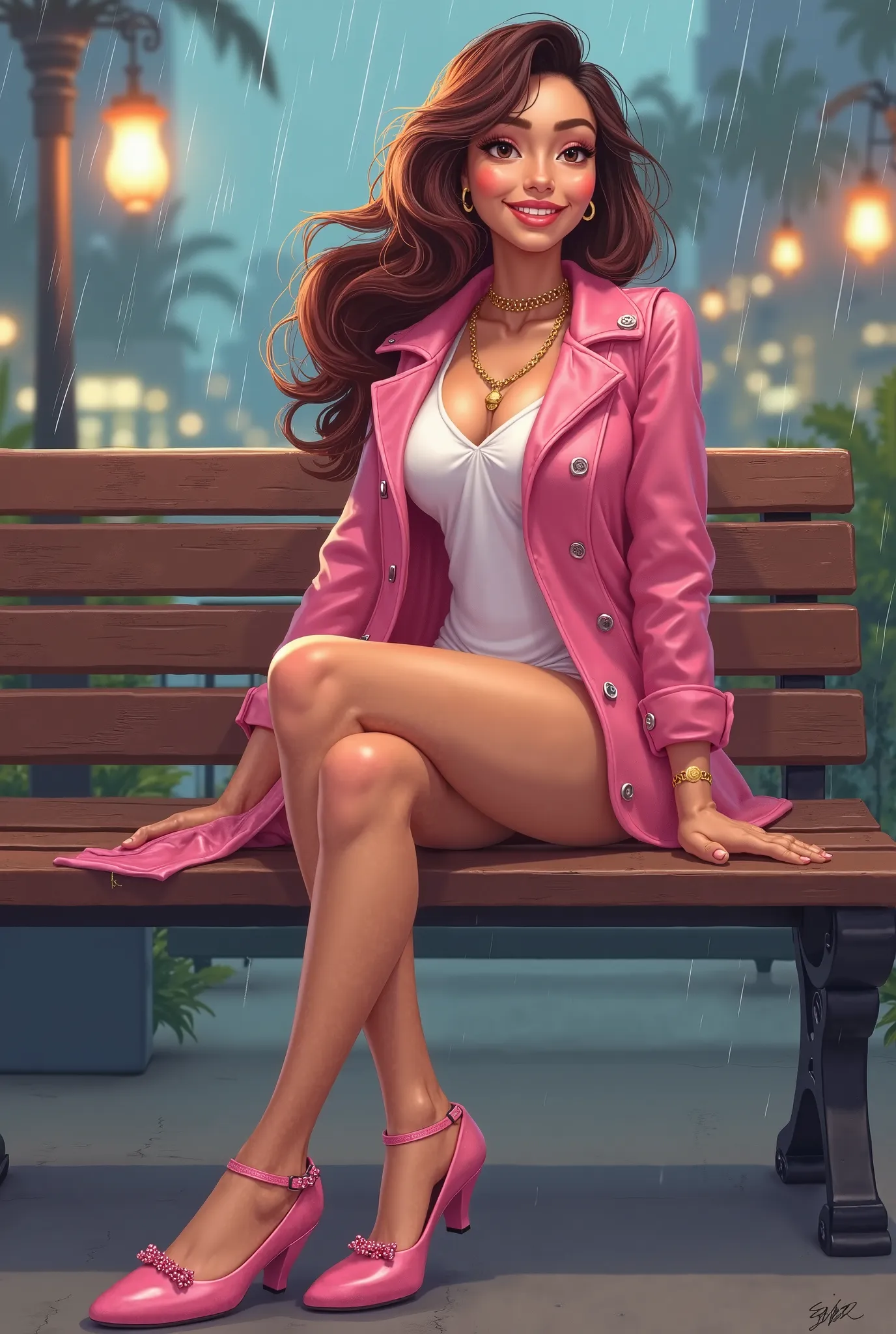 Tip: A very lovely  beautiful Asian American woman being happy alone on a bench in Downtown San Diego in the rain.. The illustration is a high definition illustration with 4k resolution., with highly detailed facial features and cartoon style visuals, pink...