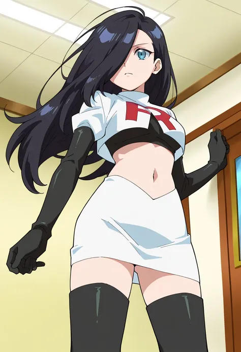 best quality, masterpiece
BREAK
1girl, natsukohirose, black hair, long hair, blue eyes, hair over one eye,
team rocket,team rocket uniform,white skirt,red letter R,crop top,black thigh-highs,black elbow gloves, cowboy shot,
indoors