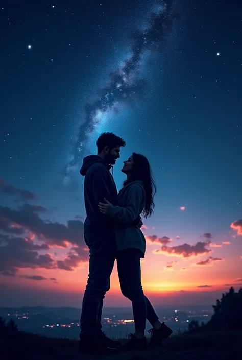  masterpiece,  Better quality,  Starry Sky Sweater, dynamic lights, Bright Stars, cielo nocturno,  Silhouette of a couple , Silhouette of man and woman,  hugging each other, In love, great landscape, Beautiful moment,  wallpaper 