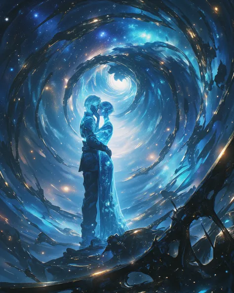 Lovers Embracing Each Other Across Time and Space, One is a holographic young woman, the other an old man. nebula, galaxy, universe setting, warped clock, distorted clock, time tunnel